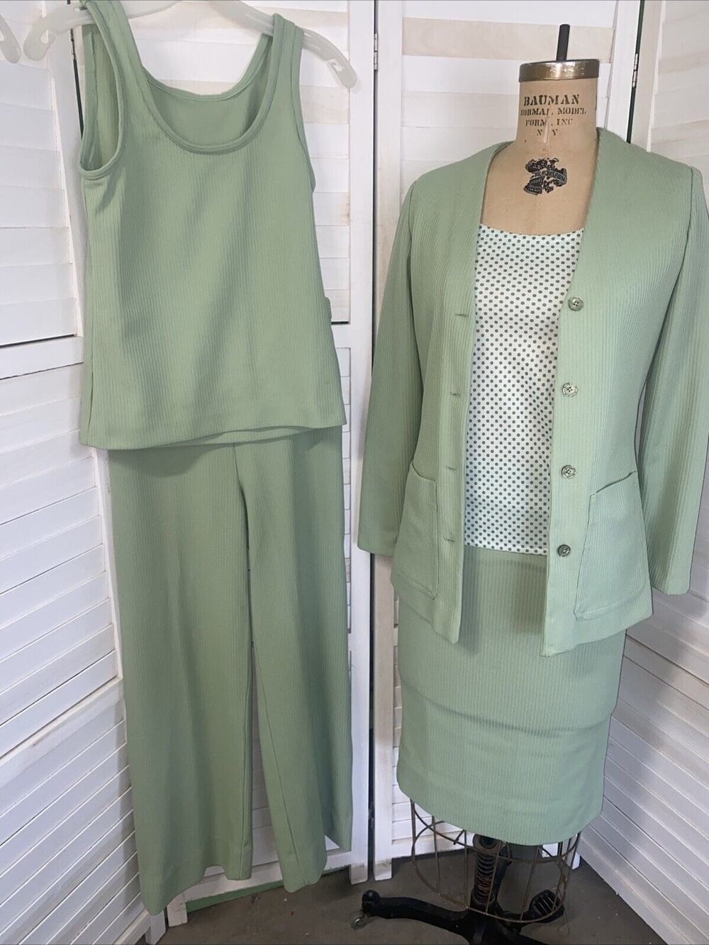 Handmade 70s Green Polyester 5 Piece Tank Blouse Skirt Pants Jacket Green Set